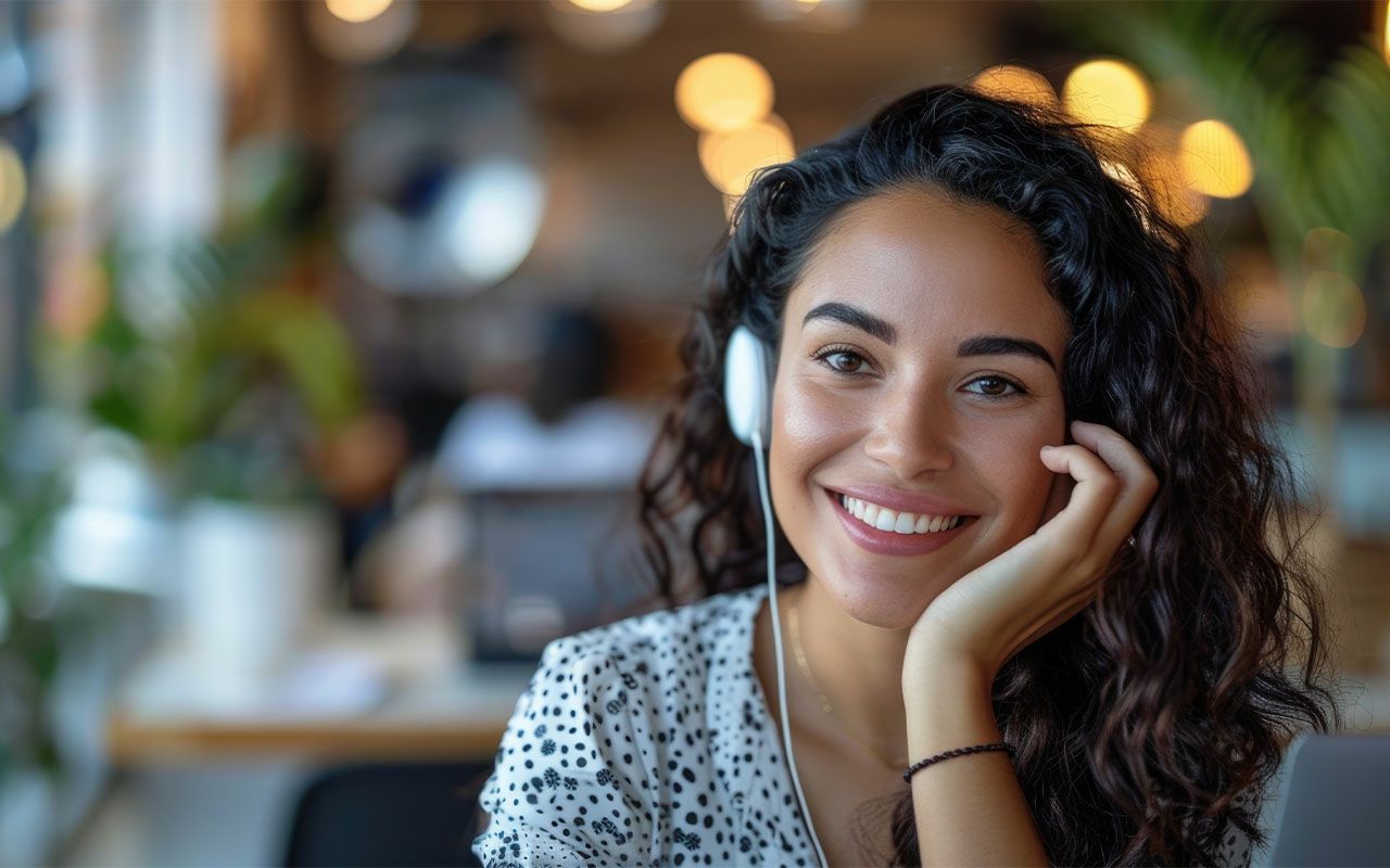 Young woman with curly hair and headphones smiles, resting her head on her hand in a cafe.