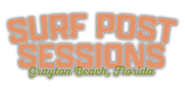 Surf Post Sessions logo, orange lettering with white shadow, says Grayton Beach, Florida in green.
