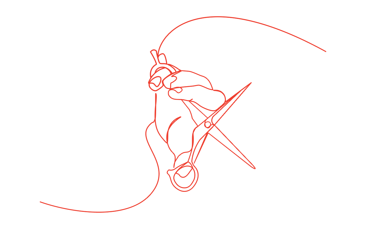 Person using scissors, cutting along a curved line with a piece of thread or yarn.