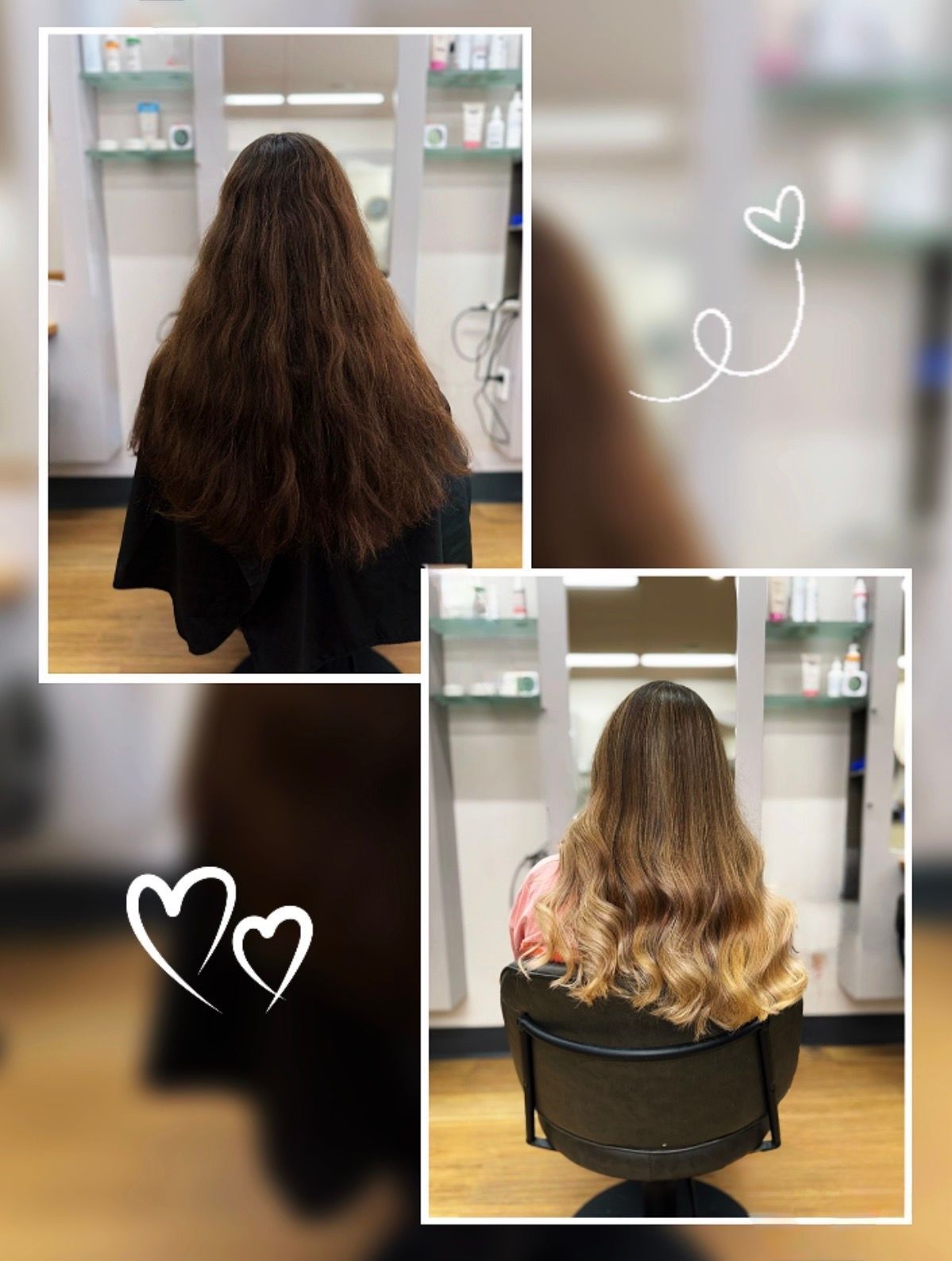 Hair salon before-and-after collage showing long dark hair transformed to wavy blonde balayage.