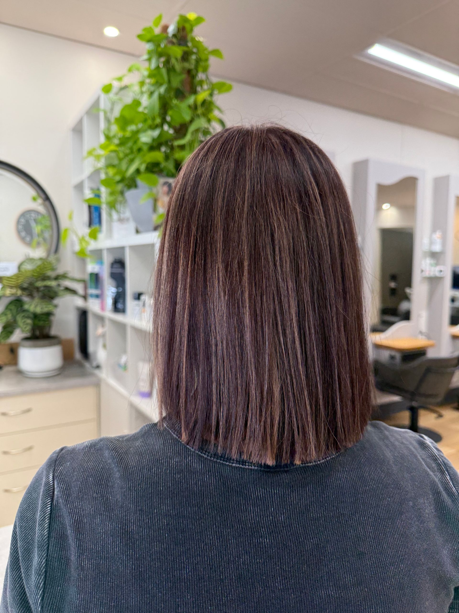 Back view of a person with shoulder-length hair in a bright salon with plants and mirrors