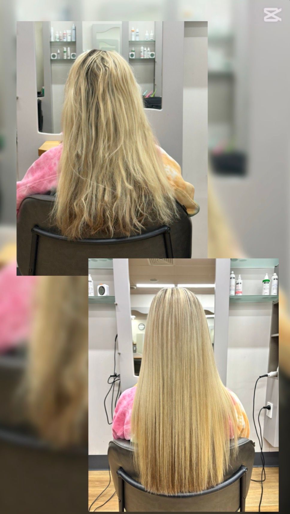 Before-and-after salon hair photo of a blonde person with much longer, smoother hair in the lower image.