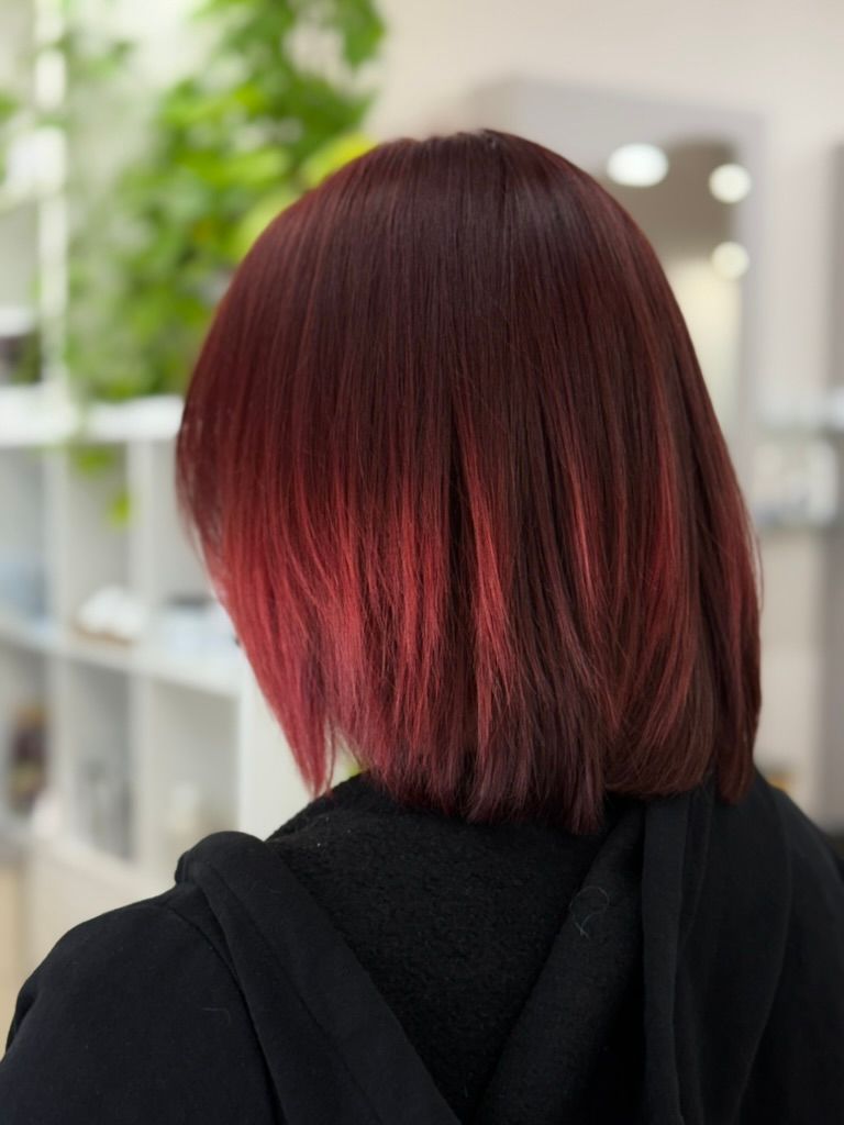 Back view of a person with dark burgundy bob haircut and red highlights in a salon
