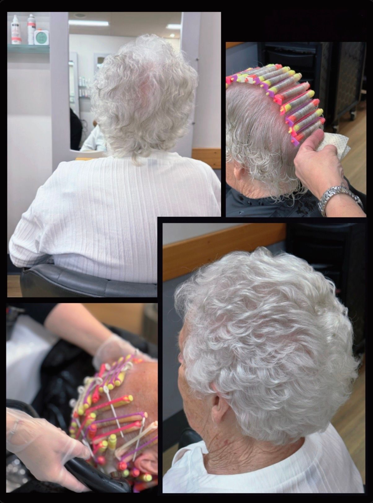 Collage showing white curly hair being styled with pink curlers in a salon chair