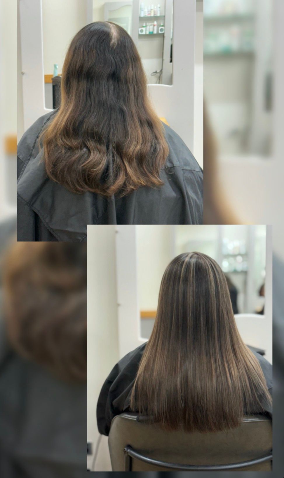 Before and after hair transformation: wavy brown hair smoothed straight in a salon chair.