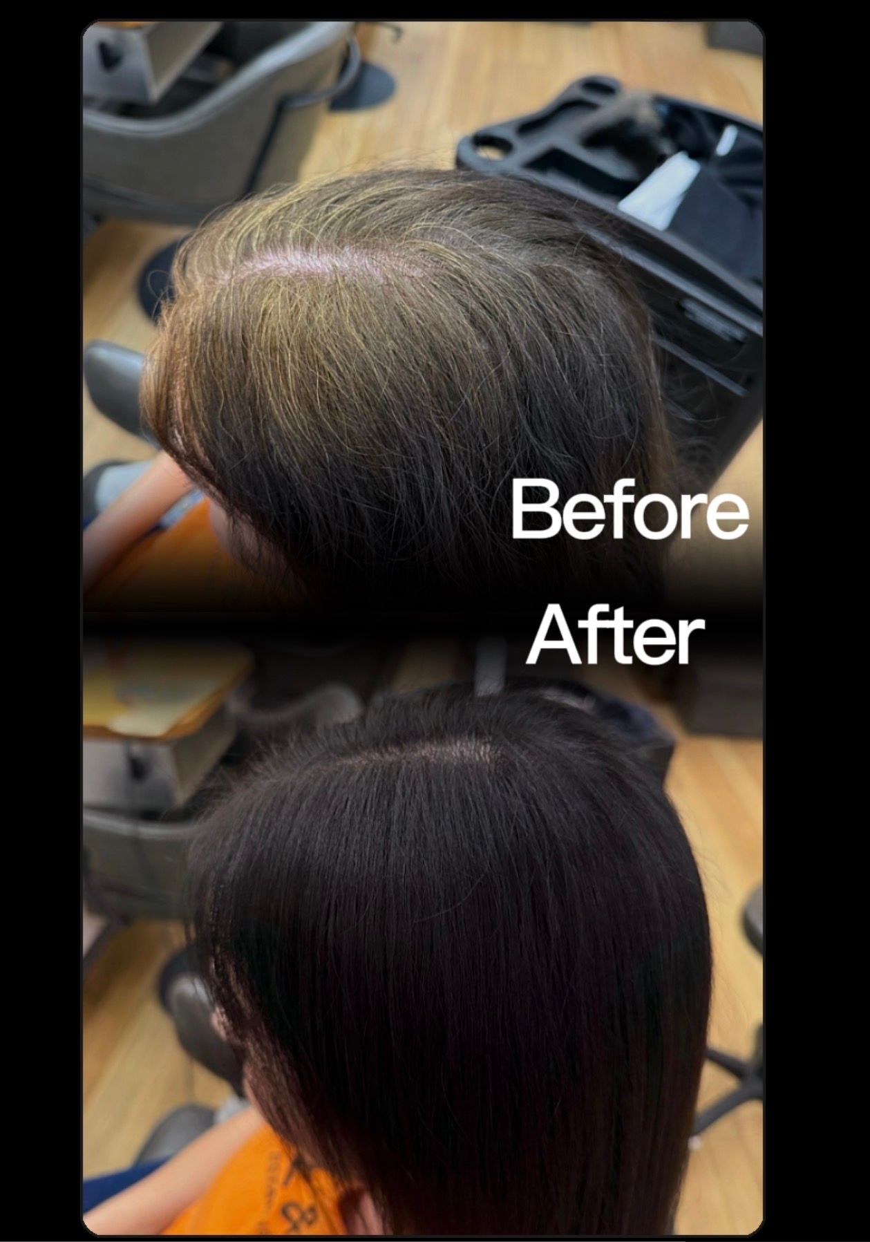 Before-and-after photo of dark hair transformed into smoother, straighter style in a salon chair