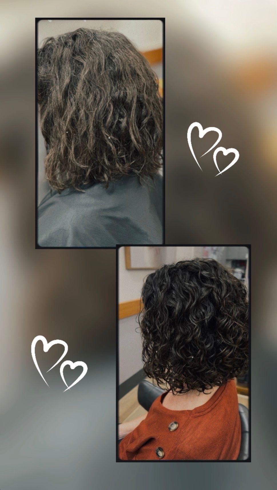 Before-and-after hairstyle collage showing dark curly hair with added volume and shape.