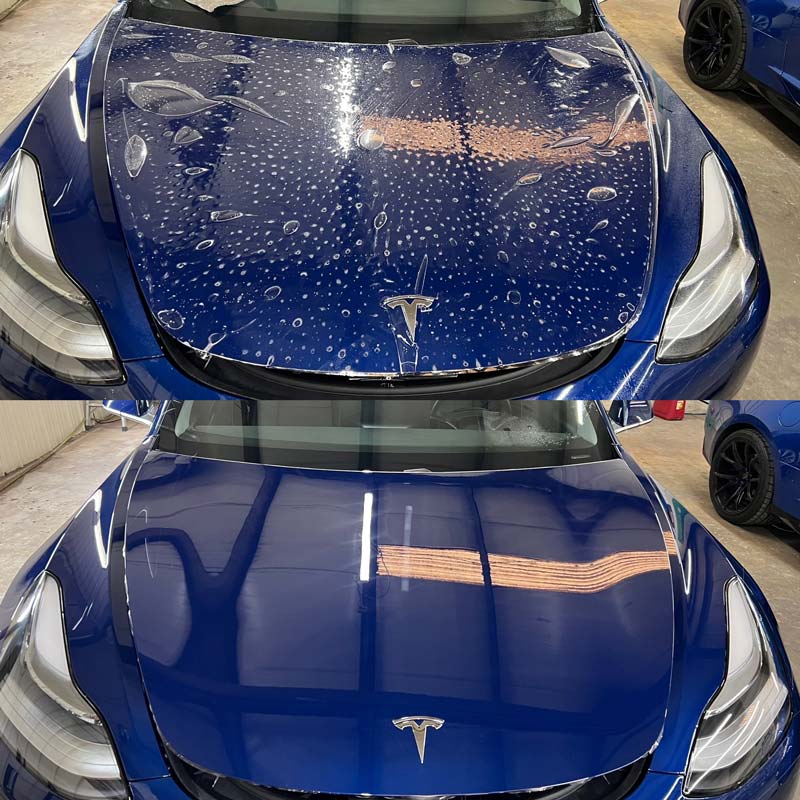 A before and after picture of a tesla model 3