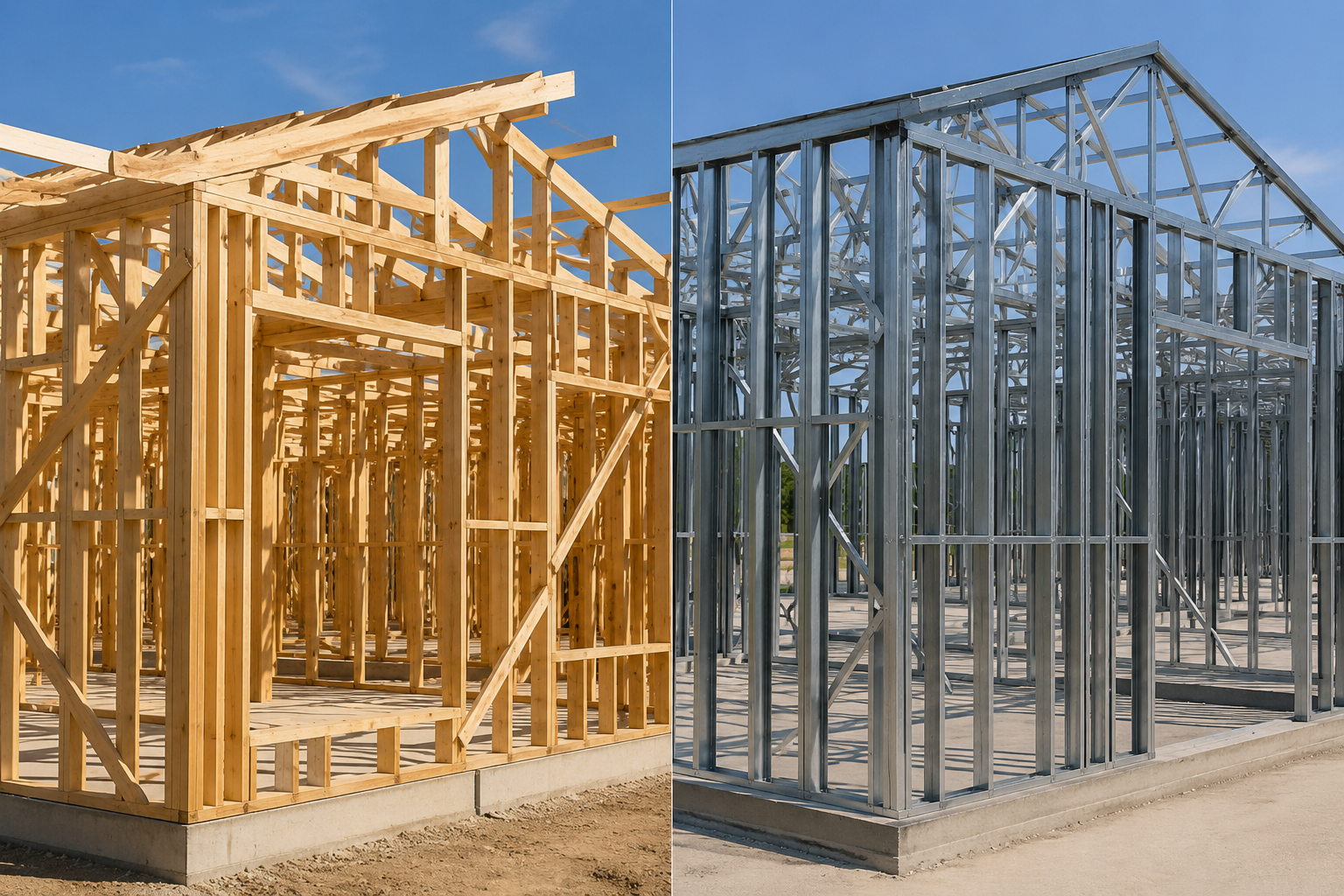 Steel framing and timber framing side by side for a construction project comparison in Perth, Wester