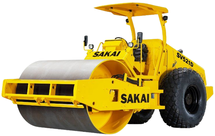 Yellow Sakai road roller construction machine on white background