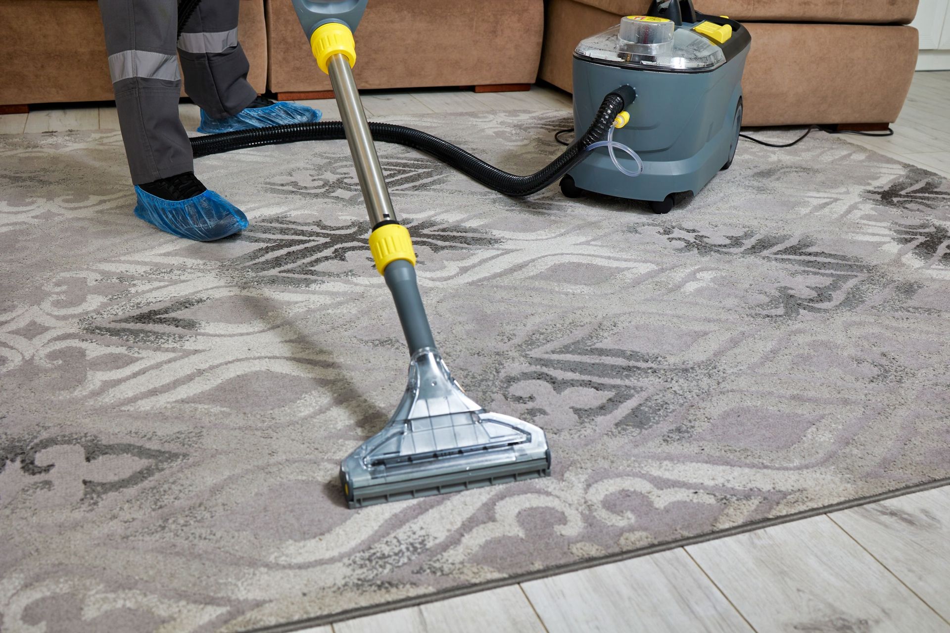 Person cleaning a gray patterned rug with a carpet cleaner machine indoors.