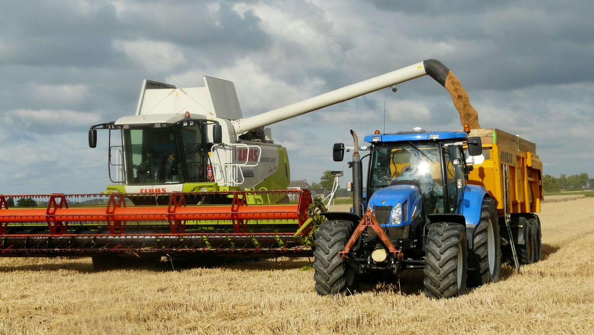Two combine harvesters in a wheat field, one unloading grain into a trailer under cloudy skies