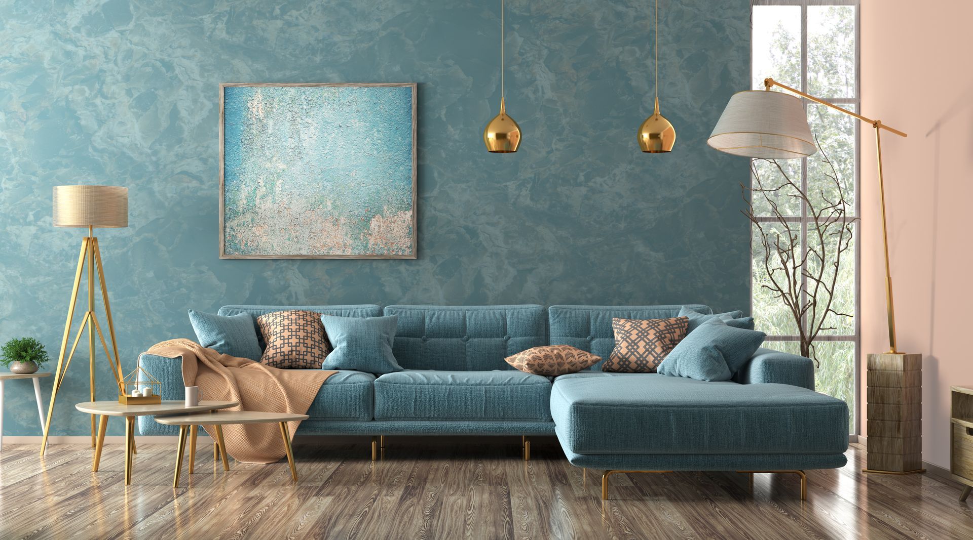 Luxurious living room with a oainting on the wall, a sofa, and other pieces of decoration. Luxurious living room with a oainting on the wall, a sofa, and other pieces of decoration.