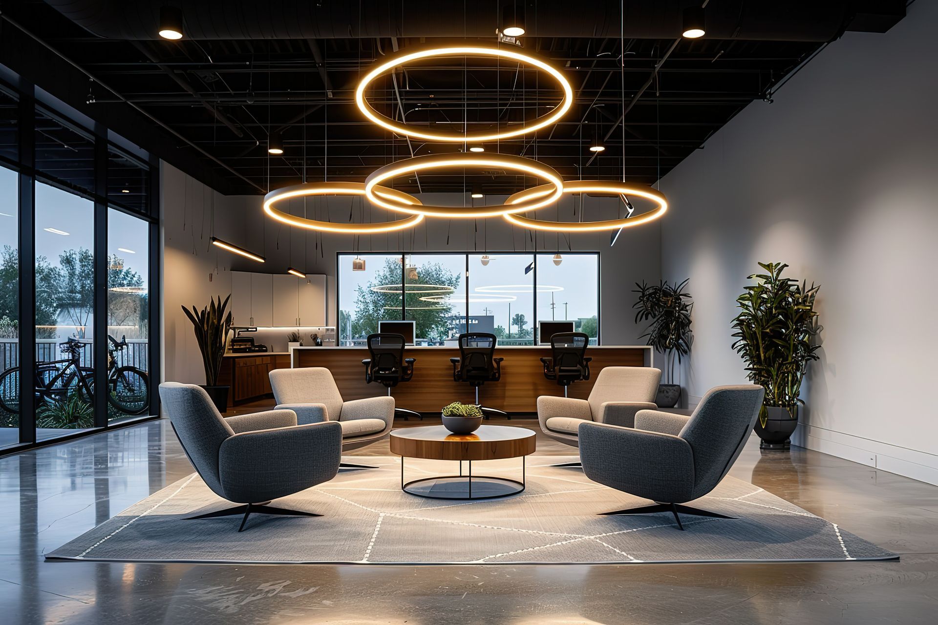 Photograph of a modern office lounge area. Photograph of a modern office lounge area.