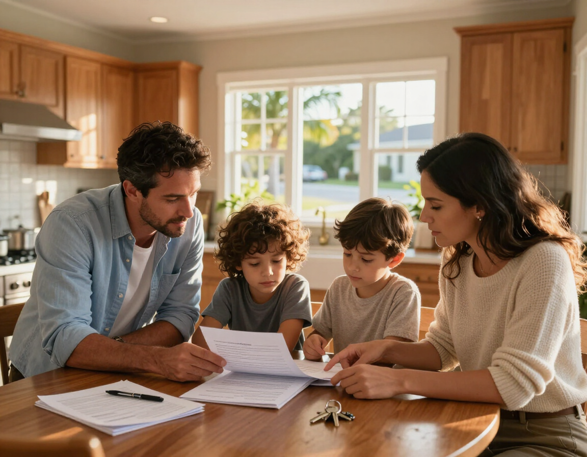 Family reviewing home-closing paperwork at a kitchen table