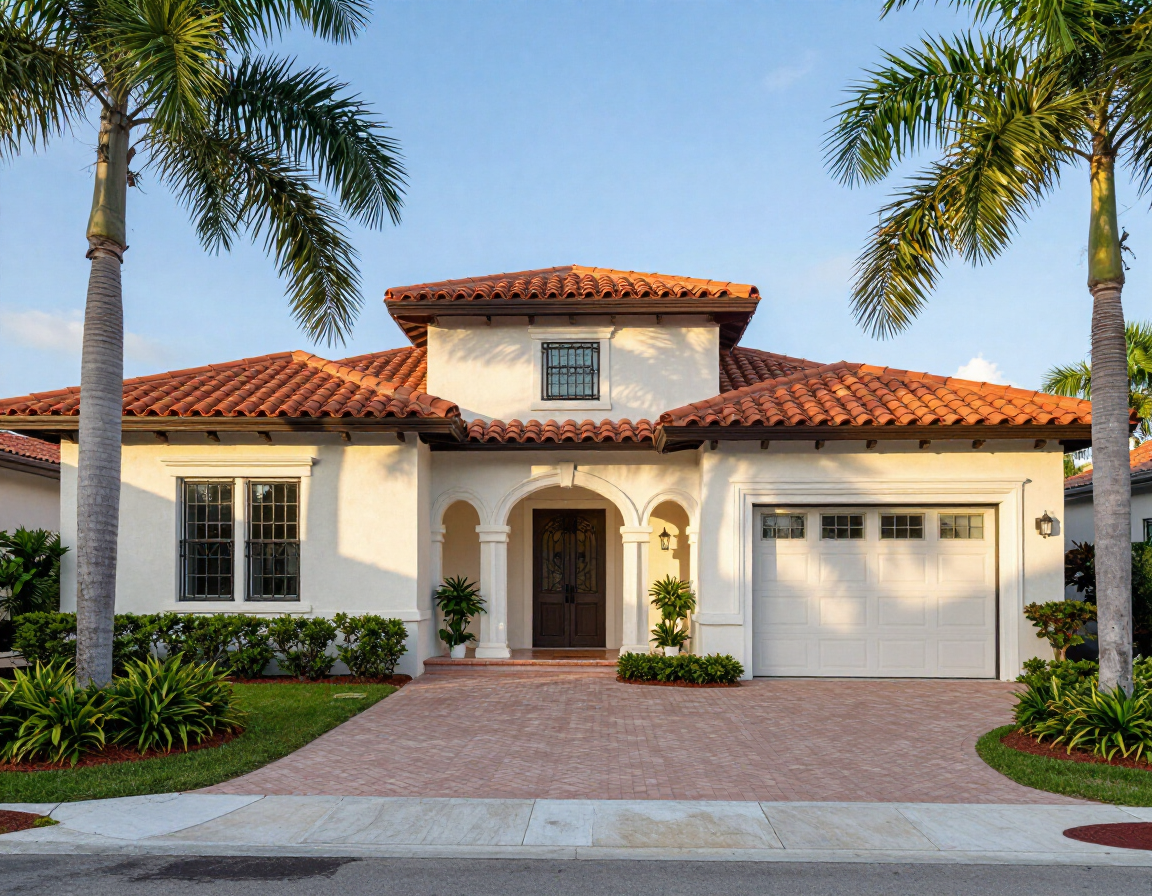 Single-story stucco house with red tile roof, palm trees, and a brick driveway