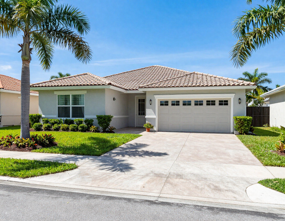 Single-story suburban house with a tiled roof, palm trees, and a driveway leading to a two-car garage.