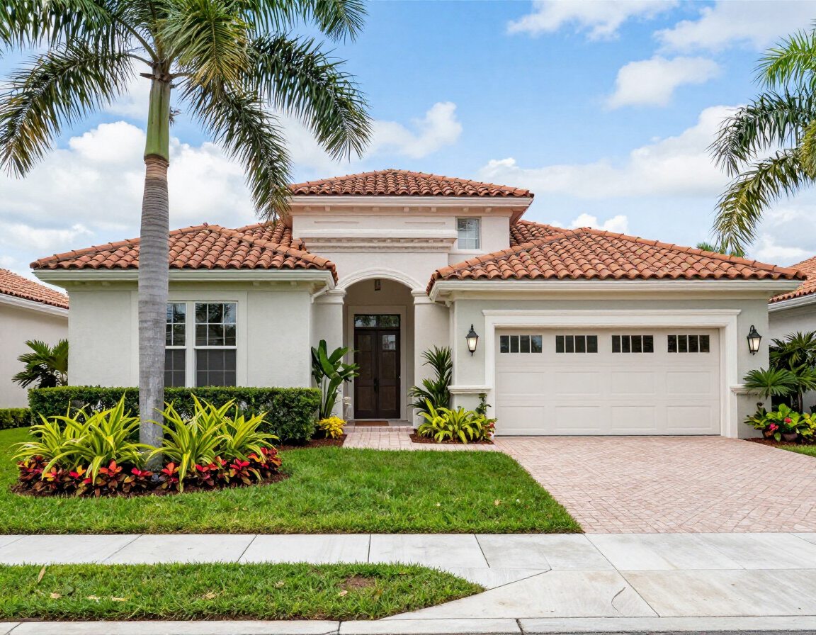Single-story stucco house with red tile roof, palm tree, and landscaped front yard