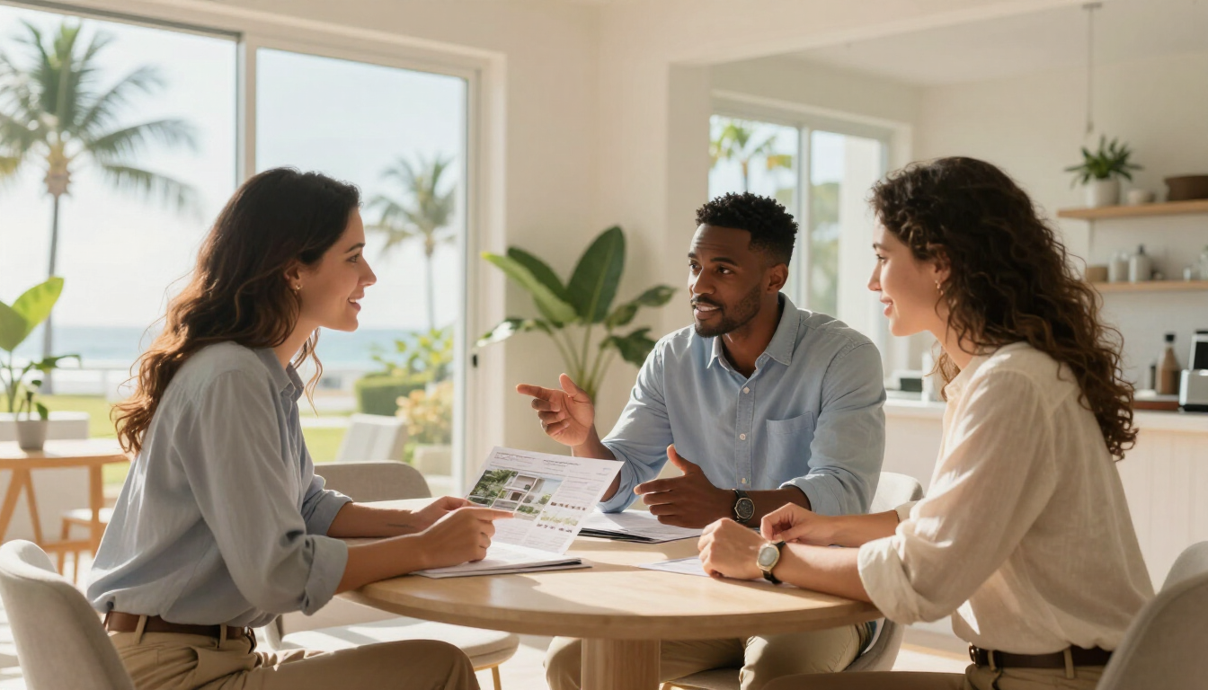 Three coworkers discussing documents at a sunlit table in a bright office