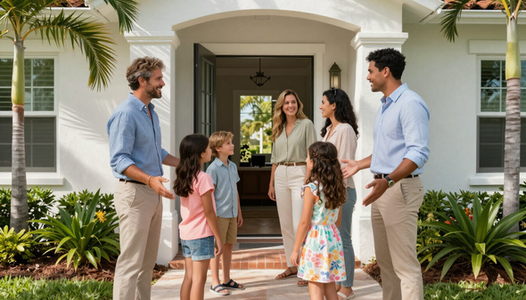 Family greeting at the front door of a white house with a tropical garden
