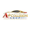 A+ Collision Shop logo in red and gold with a car silhouette and cursive “shop” text