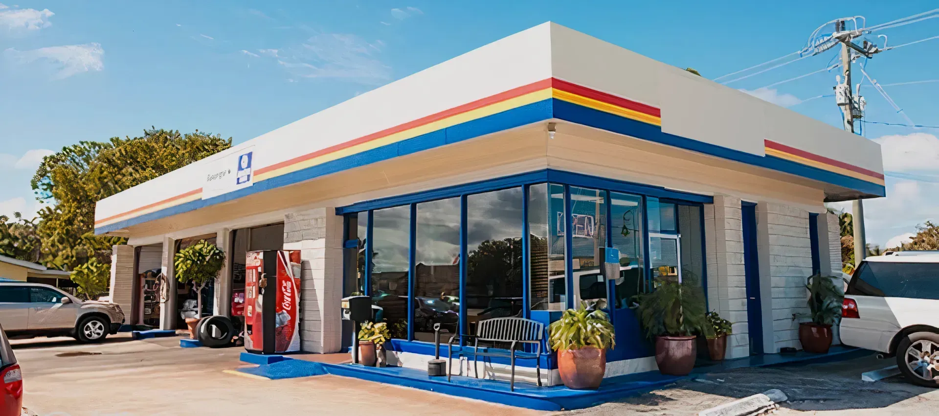 Small convenience store with blue-trimmed windows, a red soda cooler, and parked cars outside on a sunny day