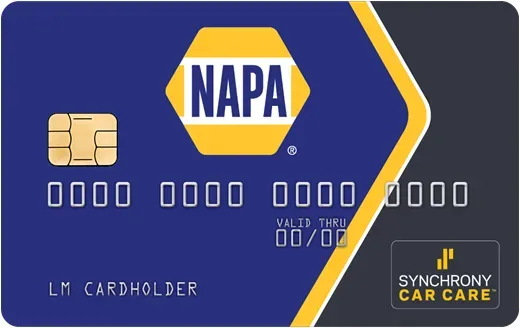 NAPA-branded blue Synchrony Car Care credit card with gold chip and yellow accent stripe