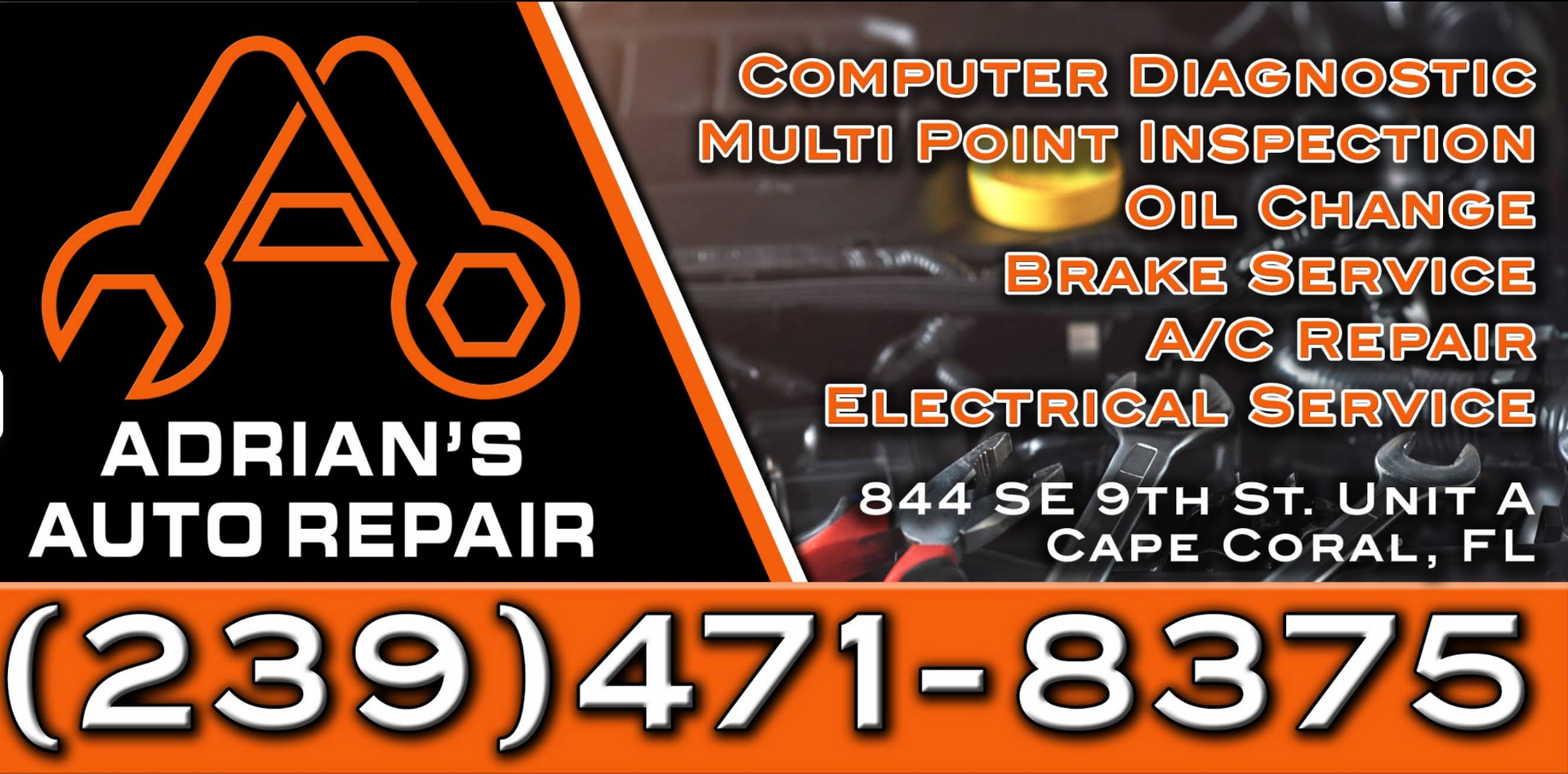 Adrian’s Auto Repair ad with orange logo, services listed, and phone number (239) 471-8375 on black background