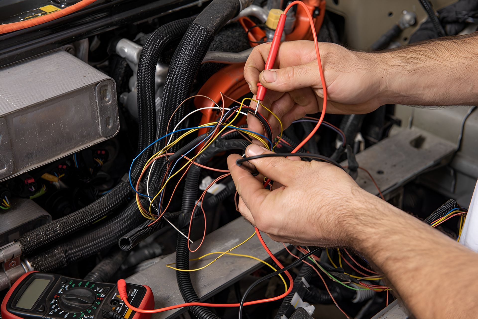A Man is Working on a Car With a Multimeter — Norm Beatty's Auto Electrical Service In Bateau Bay, NSW