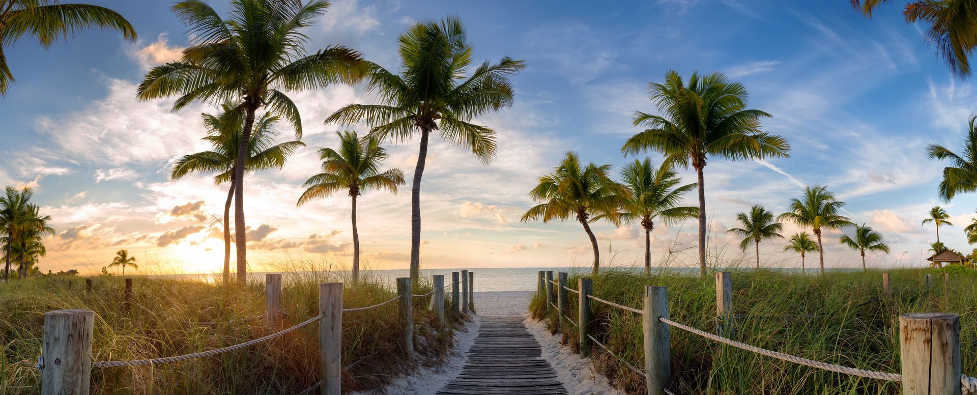 Palm-lined beach path leading to the ocean at sunset, with dunes and a colorful sky.