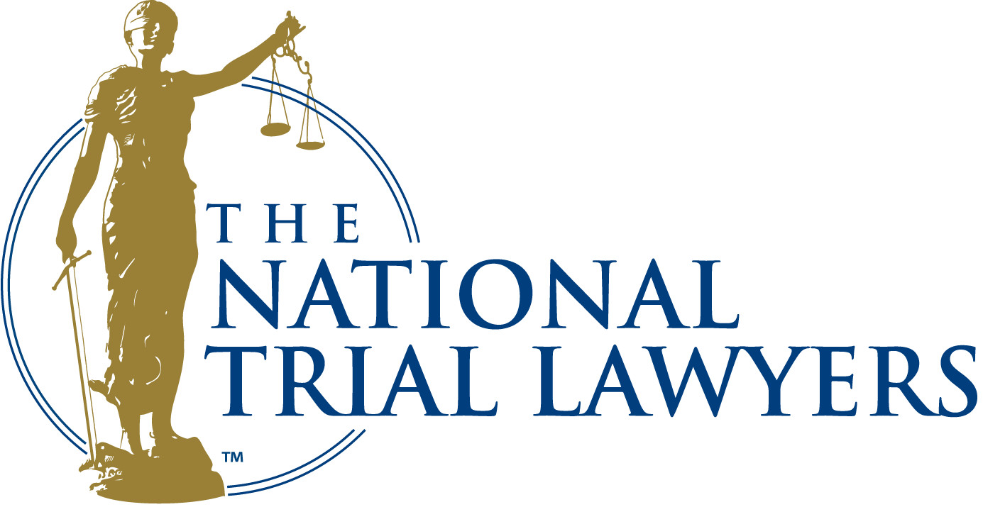 Logo for The National Trial Lawyers with gold Lady Justice and blue text on white background
