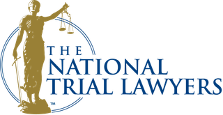 Logo for The National Trial Lawyers with gold Lady Justice and blue text on white background