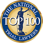 Blue and gold National Trial Lawyers Top 100 award seal with a standing figure silhouette