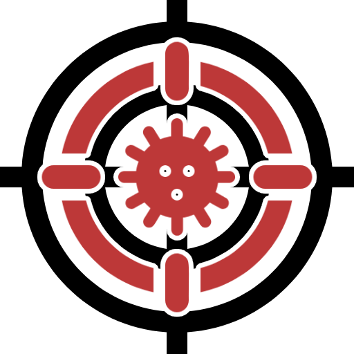 A red and black target with a virus in the center