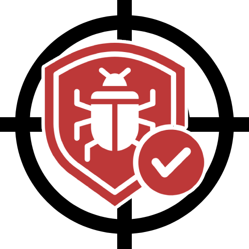 A red shield with a bug and a check mark in a target