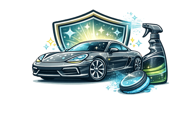 Black sports car with cleaning spray, cloth, and shield emblem on a white background