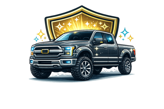 Black pickup truck in front of a gold shield with stars and sparkles
