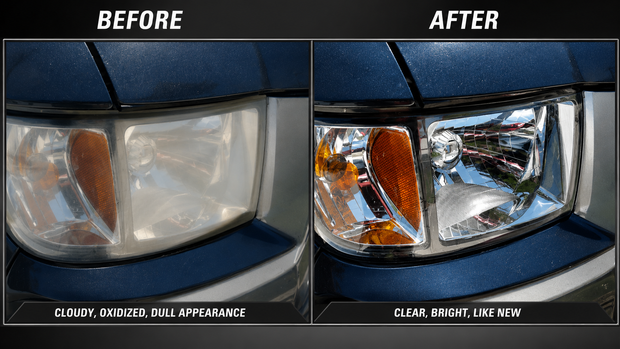 Before-and-after view of a black SUV, foamy on the left and clean and shiny on the right.