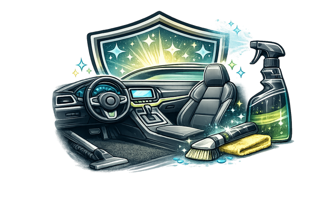 Car interior detailing tools beside a shield emblem, with a clean windshield and sparkling lights
