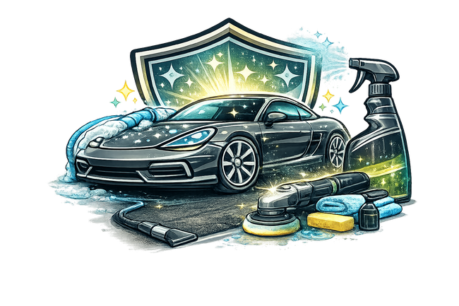 Shiny black sports car being detailed with soap, sponge, and spray bottle beside a glowing shield logo