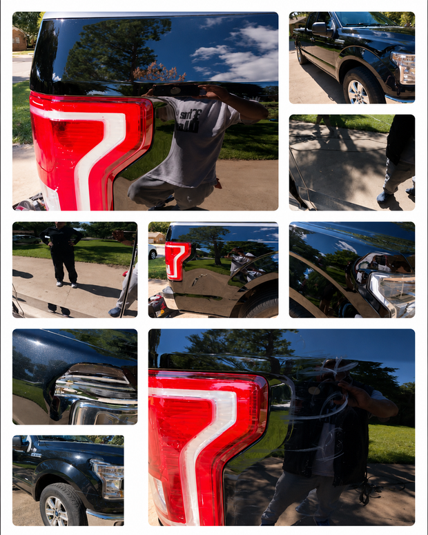 Before-and-after view of a black SUV, foamy on the left and clean and shiny on the right.