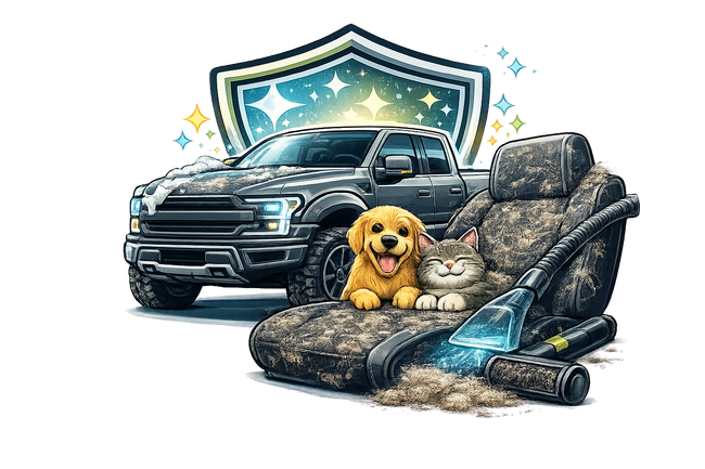Dog on a camo car seat with a black pickup truck and shield emblem behind it.