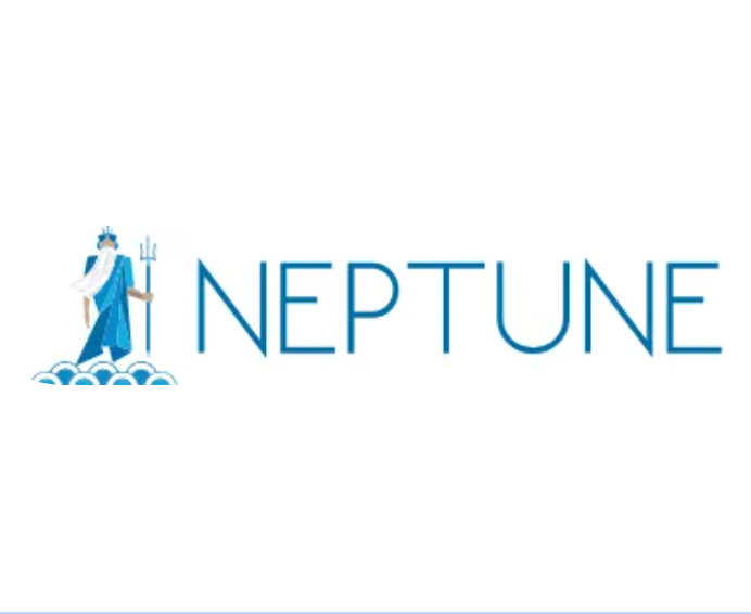 A logo for neptune with a man holding a trident