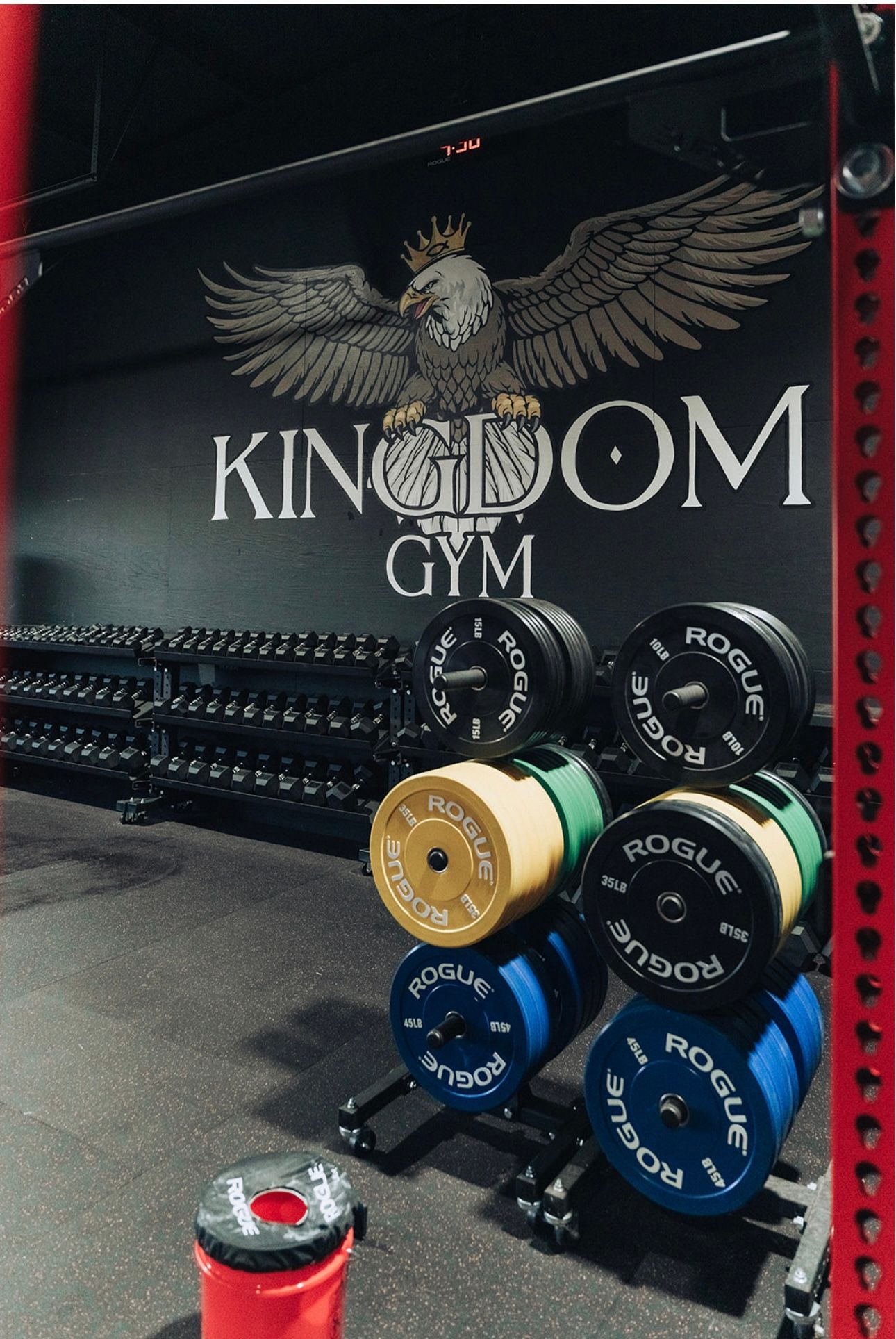 Kingdom Gym interior with weights, black dumbbells, and logo featuring an eagle.