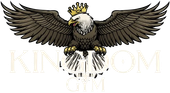 Eagle with crown and outstretched wings, clutching a globe, "Kingdom Gym" text.
