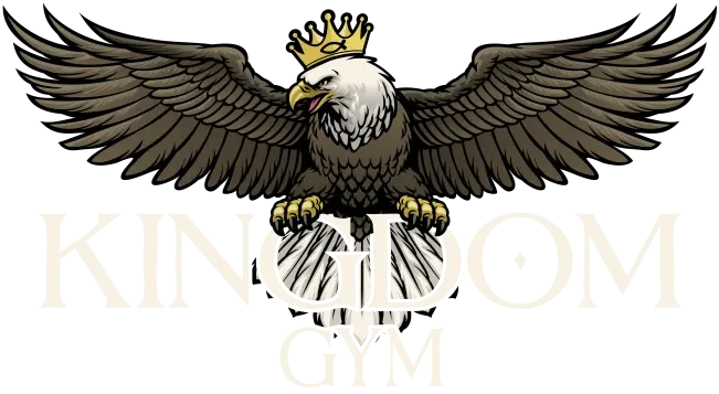 Eagle with crown and outstretched wings, clutching a globe, "Kingdom Gym" text.