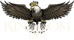 Eagle with crown and outstretched wings, clutching a globe, "Kingdom Gym" text.