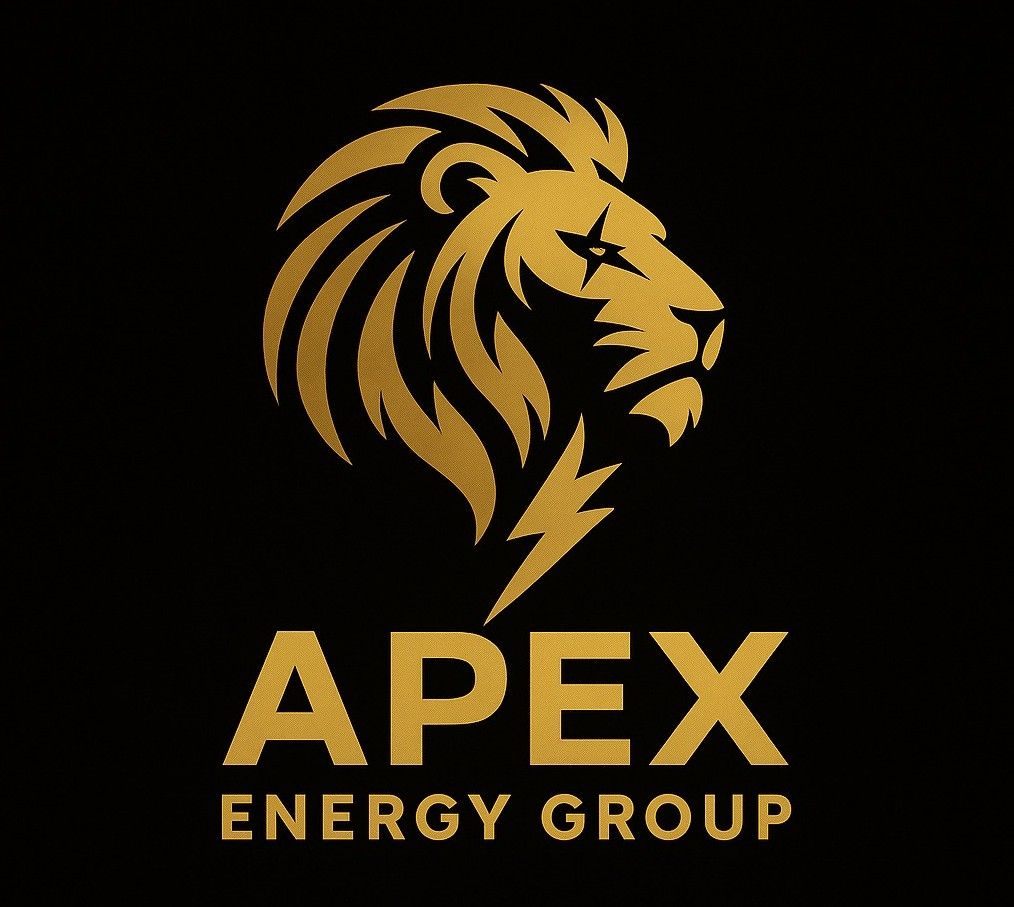 Gold lion head logo with “APEX ENERGY GROUP” text on a black background