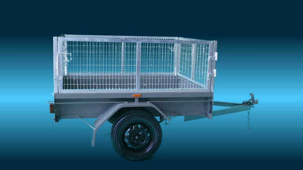 A trailer with a cage on top of it on a blue background is available for sale in Perth WA.