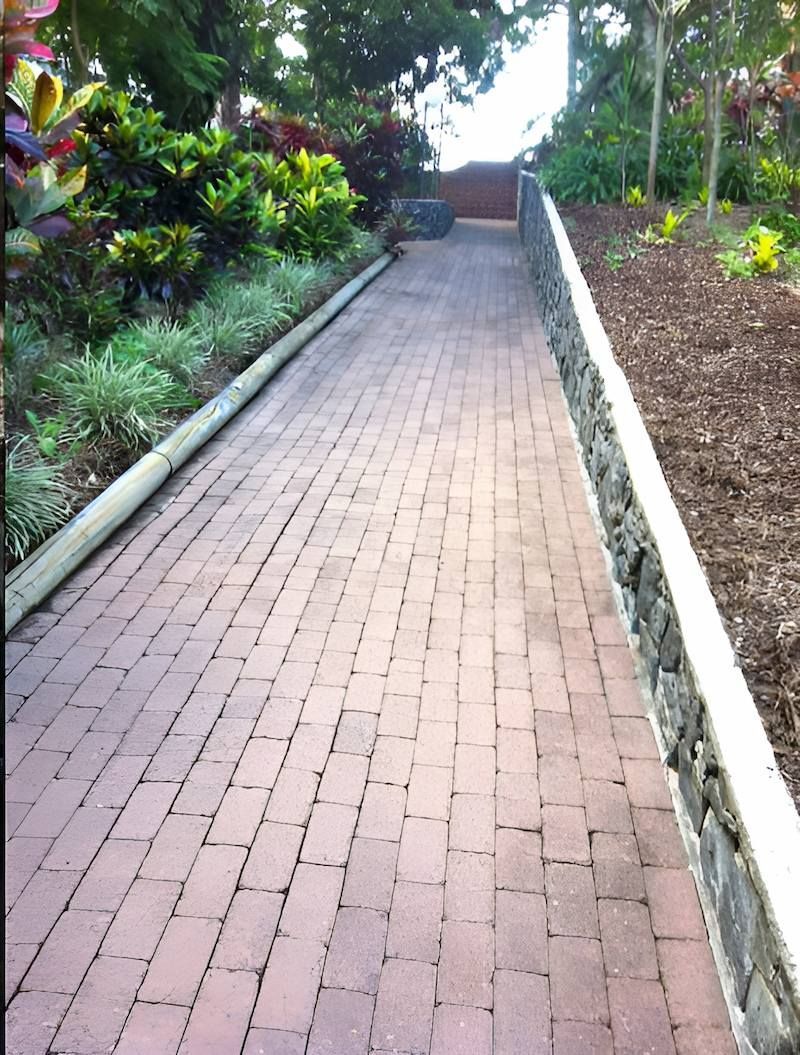 A Brick Walkway Going Through A Garden With Trees And Bushes — EcoPro Pressure Cleaning In Broadbeach Waters, QLD